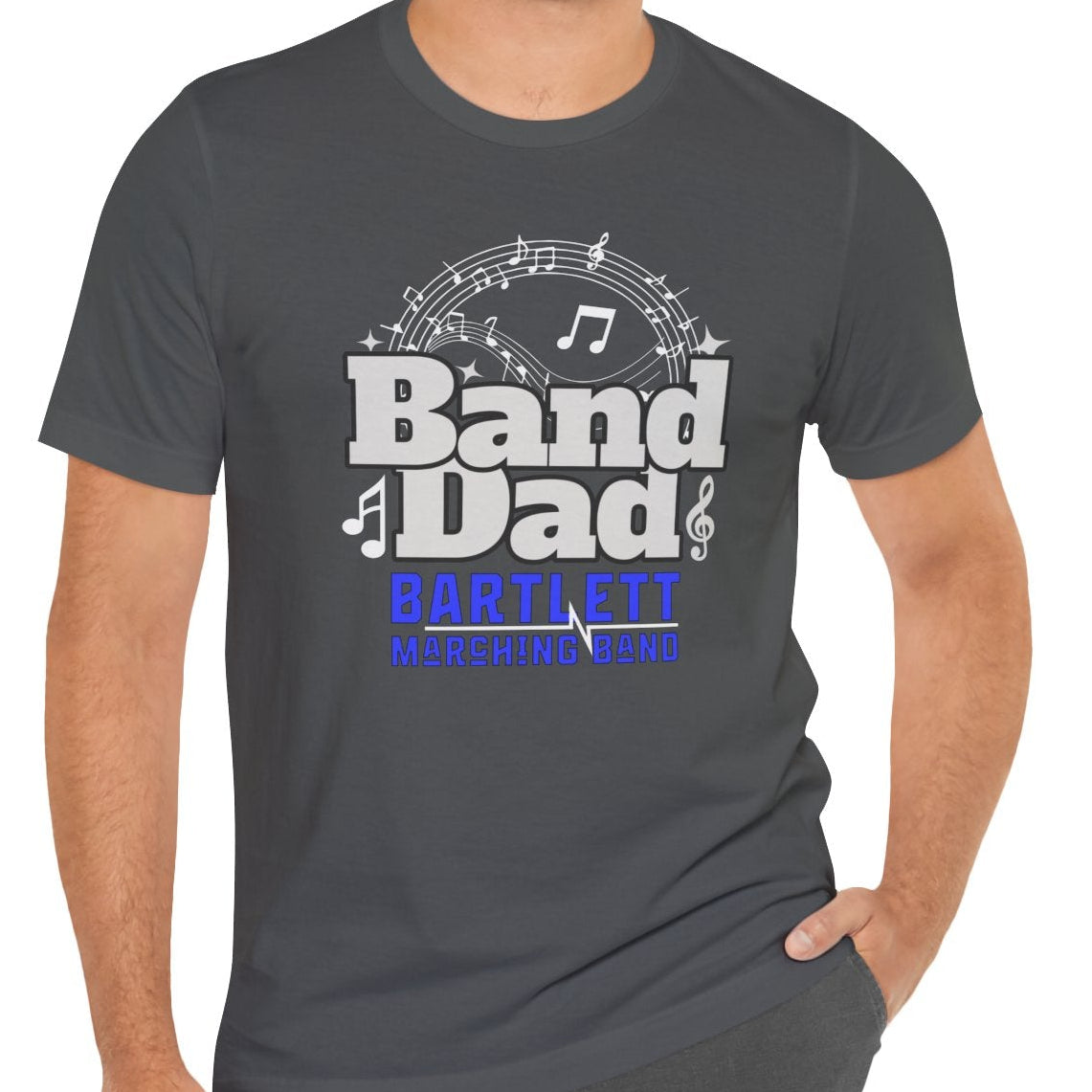 Man wearing a gray t-shirt with 'Band Dad' text and musical notes on a white background