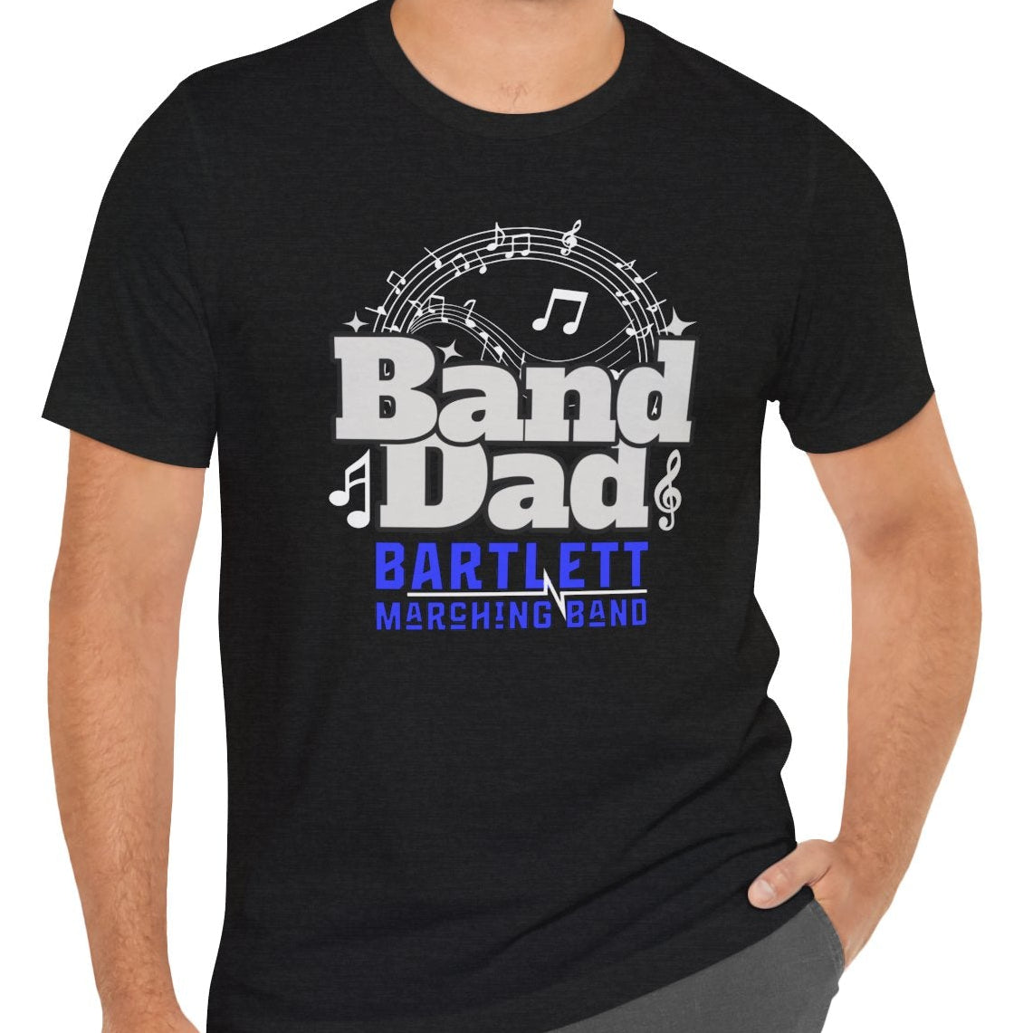 Man wearing a black t-shirt with 'Band Dad' text and musical notes on a white background