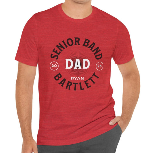 Man wearing a red t-shirt with 'Senior Band Dad' text on a white background
