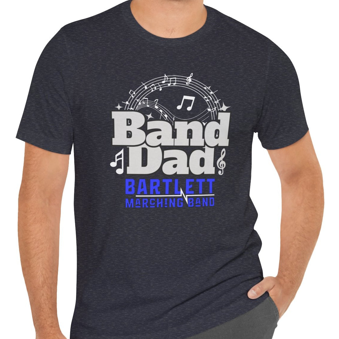 Man wearing a navy blue t-shirt with 'Band Dad' text and musical notes on a white background