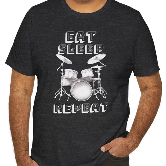 A person wearing a black t-shirt with the text 'EAT SLEEP REPEAT' and a graphic of a drum set.