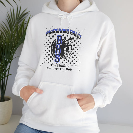 White hoodie with 'Marching Band' design worn by a person, against a neutral background.