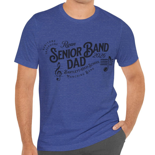 Man wearing a blue t-shirt with 'Senior Band Dad' text on a white background